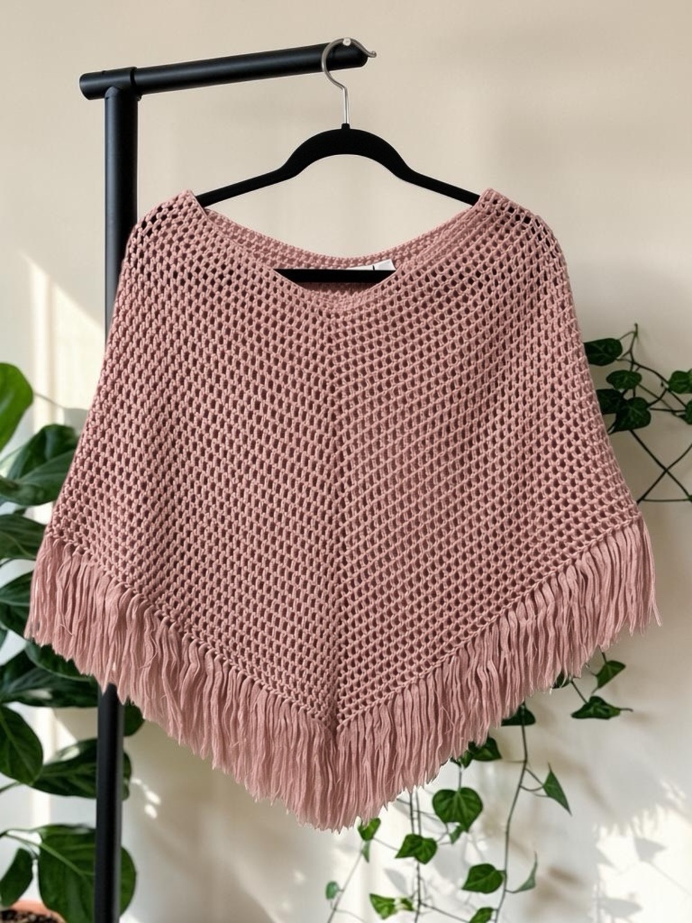 Vintage Suzy Shier Pink Crocheted Poncho - Wool Blend - One Size Fits All - Cozy